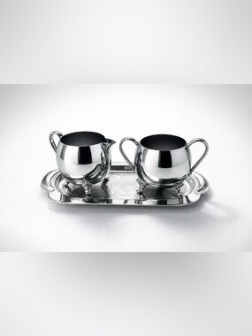 Vintage Polished Chrome Creamer and Sugar Set on Embossed Tray